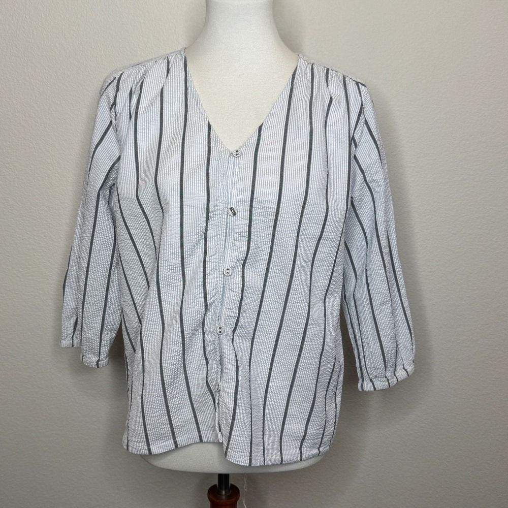 ICHI Cotton Button Up Blouse Sz 36 Textured Striped Fabric 3/4 Sleeve Infinora
